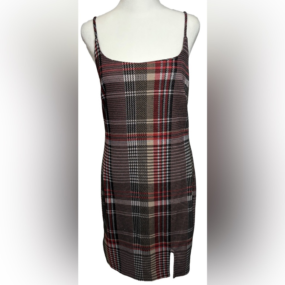 Image Nation L Brown, Black, & Red Plaid Cami Mini Dress